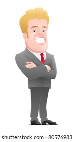 "Smiley" Businessman. Cartoon smiling blond man, dressed in business suit, folding arms across his chest