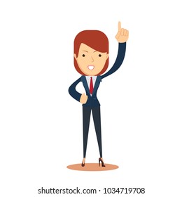 smiley businesswoman pointing up. isolated on white background. Stock flat vector illustration.