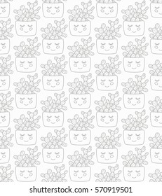 Smiley cactus pot black and white doodles seamless vector pattern