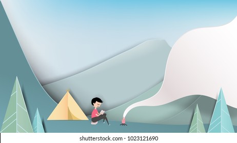 Smiley camping man reading book on the mountain, paper art/paper cutting style