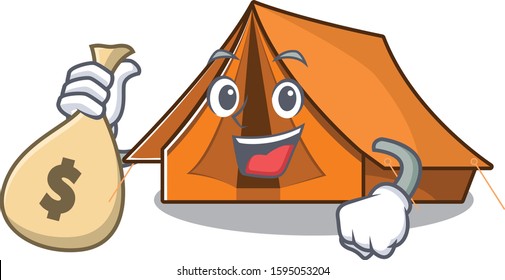 Smiley camping tent Scroll cartoon character with money bag