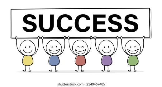Smiley cartoon caricature with text on a board - success. Business concept. Vector