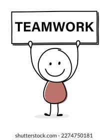 Smiley cartoon caricature with text on a board - teamwork. Business concept. Vector