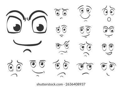 Smiley cartoon face with cute expression laughter anger fun doodle surprised cry comic facial emotion set eyebrow vector sketch character look confused symbol