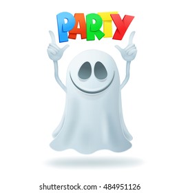 Smiley cartoon ghost character party concept card. Vector illustration