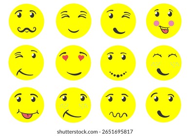 Smiley character set. Vector emoticons with facial expressions in cute cartoon style. Isolated icons of joy, love and fun. Flat emoji illustration for chat, business, customer support and happiness.


