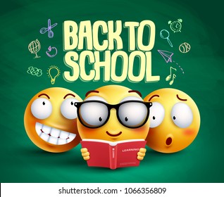 Smiley characters and back to school text vector banner design with funny yellow emoticons reading and studying in green texture background for education. Vector illustration.
