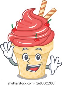 Smiley cherry ice cream cartoon mascot design with waving hand