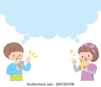 Smiley children talking on their smartphones