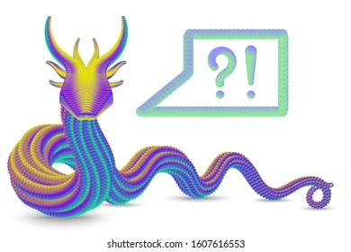 Smiley Chinese Dragon Asks A Question. Azure Dragon. Emotions Of A Snake. Vector Stock Illustration.