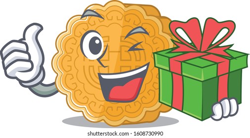 Smiley Chinese Mooncake Character With Gift Box