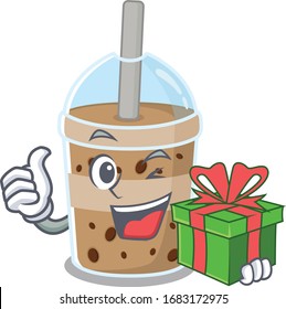 Smiley chocolate bubble tea cartoon character having a gift box