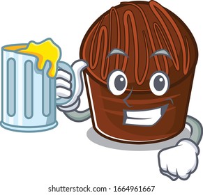 Smiley chocolate candy mascot design with a big glass
