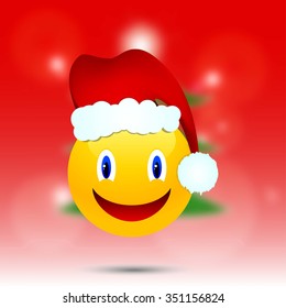 Smiley in Christmas hat on a blurred background. Vector illustration.