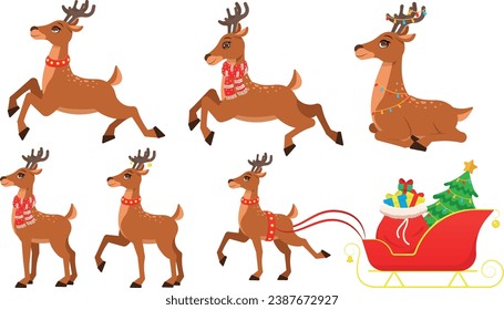 A smiley Christmas reindeer in different poses, running, sitting, standing, carrying a Christmas sleigh with gifts and a Christmas tree.