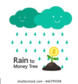Smiley cloud watering the tree of money coins to finance growth, Investment concept illustration. rain.