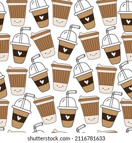 Smiley coffee cups seamless pattern - cute hand drawn take away coffee cups. Good for wrapping paper, textile print, wall paper, cover and other decoration.