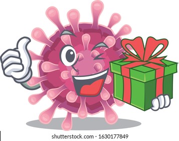 Smiley corona virus character with gift box