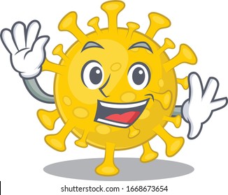 Smiley corona virus diagnosis cartoon mascot design with waving hand