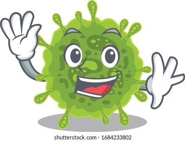 Smiley coronavirus cartoon mascot design with waving hand