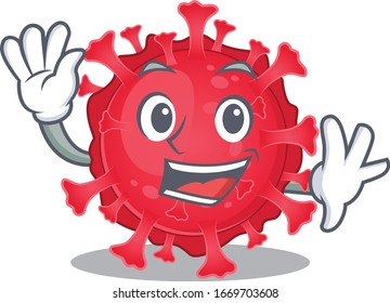 Smiley coronavirus substance cartoon mascot design with waving hand