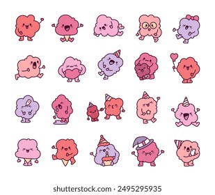 Smiley cotton candy character. Cute cartoon sweet treat with a funny face. Hand drawn style. Vector drawing. Collection of design elements.