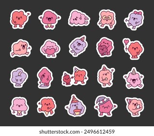 Smiley cotton candy character. Sticker Bookmark. Cute cartoon sweet treat with a funny face. Hand drawn style. Vector drawing. Collection of design elements.