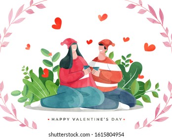 Smiley Couple Character Enjoying with Drinks on Nature View Background for Happy Valentine's Day Celebration Concept.