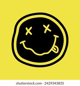 Smiley with a crooked smile. Grunge smiley icon, association with the 90s.