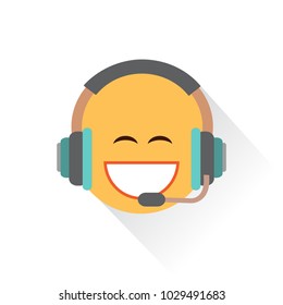 smiley with a customer support guy wearing a headset, happy emoji wearing headphones and a microphone, funny cartoon character with simplistic facial expression, simple hand drawn line icon from a set