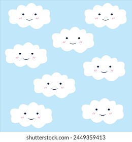 Smiley cute fluffy clouds, digital art hand draw vector cartoon on baby blue sky background. Sweet lullaby seamless lovely wallpaper. Simple element, decoration, pattern textiles, happy dream design.