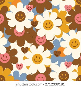 Smiley daisy abraza el patrón sin fisuras. Diseño plano de Vector de flores alegres retro con caras lindas y pétalos abrazadores para el fondo floral hippie de los años 70 y vibraciones positivas.