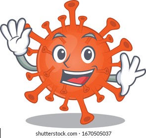 Diseño de mascotas con caricaturas de virus de la corona mortal sonriente con mano ondulada