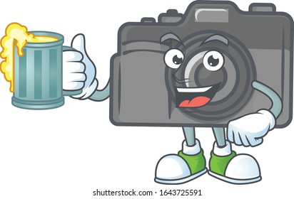 Smiley digital camera mascot design holding a glass of beer