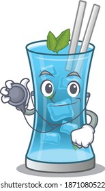 Smiley doctor cartoon character of blue hawai cocktail with tools