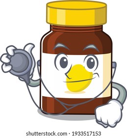 Smiley doctor cartoon character of bottle vitamin c with tools