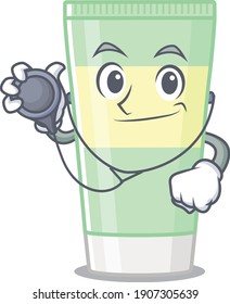 Smiley doctor cartoon character of cleansing foam with tools