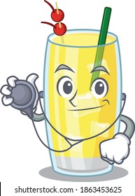 Smiley doctor cartoon character of pina colada cocktail with tools