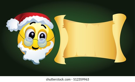 Smiley dressed as Santa Clause reading message from vintage letter. Vector illustration.