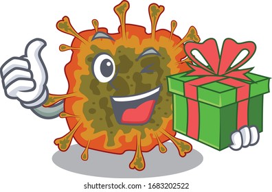 Smiley duvinacovirus cartoon character having a gift box