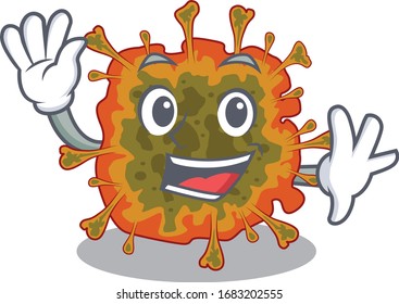 Smiley duvinacovirus cartoon mascot design with waving hand