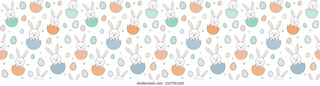 Smiley Easter bunnies and decorative eggs. Concept of a seamless pattern. Banner. Vector