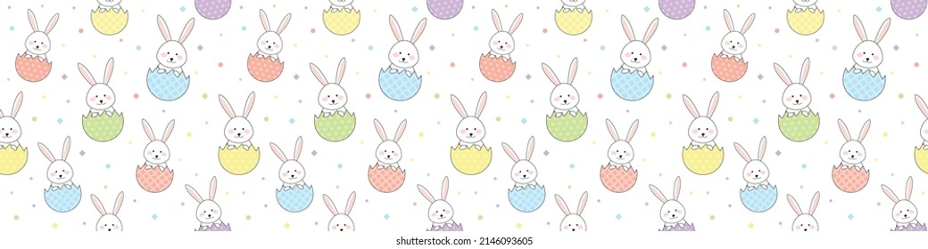 Smiley Easter bunnies and decorative eggs. Concept of a seamless pattern. Banner. Vector