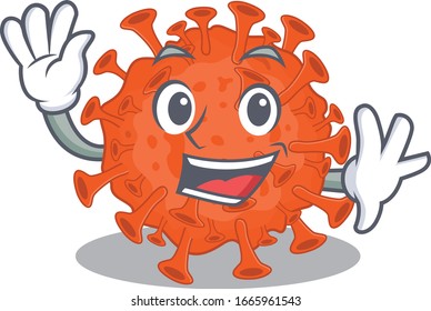Smiley electron microscope coronavirus cartoon mascot design with waving hand