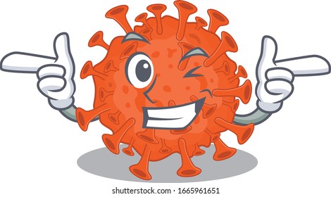 Smiley electron microscope coronavirus cartoon design style showing wink eye