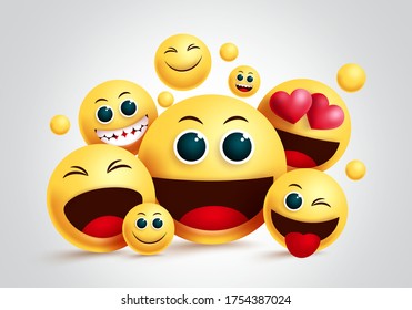 Smiley emoji group vector design. Emojis yellow smiley face of friends happy together with facial expression for friendship design in white background. Vector illustration.