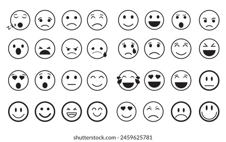 Smiley Emoji icon line set. Emoji icon collection containing happy emotion, sad, smiling, surprised, angry, relaxed, confused, laughing, excited and shocked emoticon icons. Vector outline.