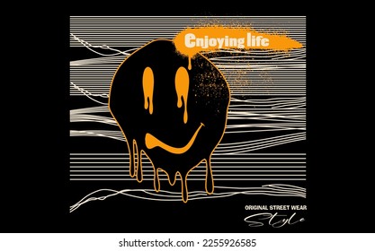 smiley emoji illustration print with graffiti smile slogan, art graffiti slogan print for graphic tee t shirt