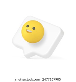 Smiley emoji quick tips positive yellow emoticon in speech bubble 3d icon realistic vector illustration. Internet web communication alert help assistant notification suggestion badge social media chat