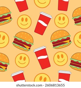 Smiley Emoticon, Burger, and Cola Fun Pattern